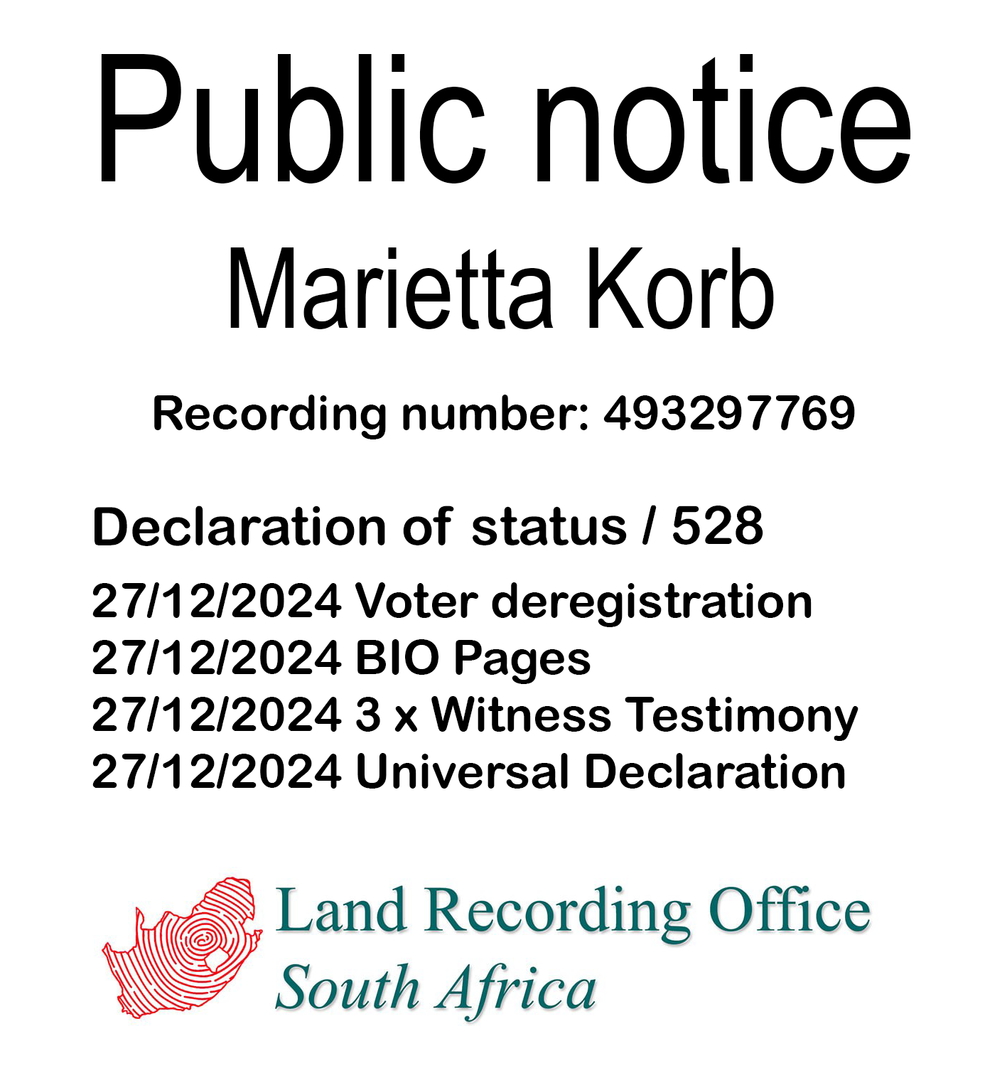 Public notice Marietta Korb Recording number 493297769